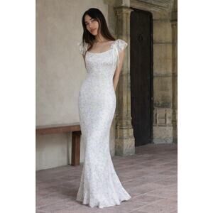 100% Silk Fairy Floral Maxi Dress Stretch Cottagecore Cream M/L